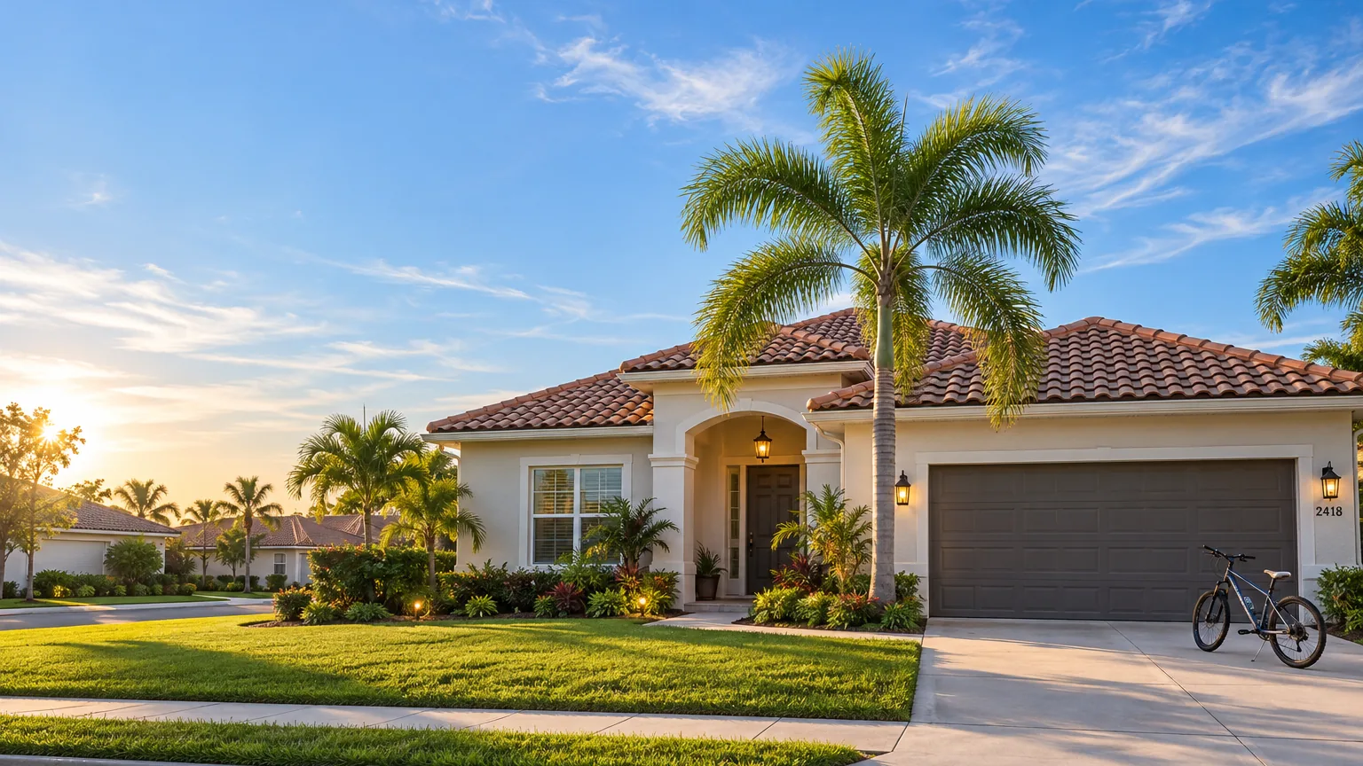 A Florida family home with a tile roof and palm trees at golden hour