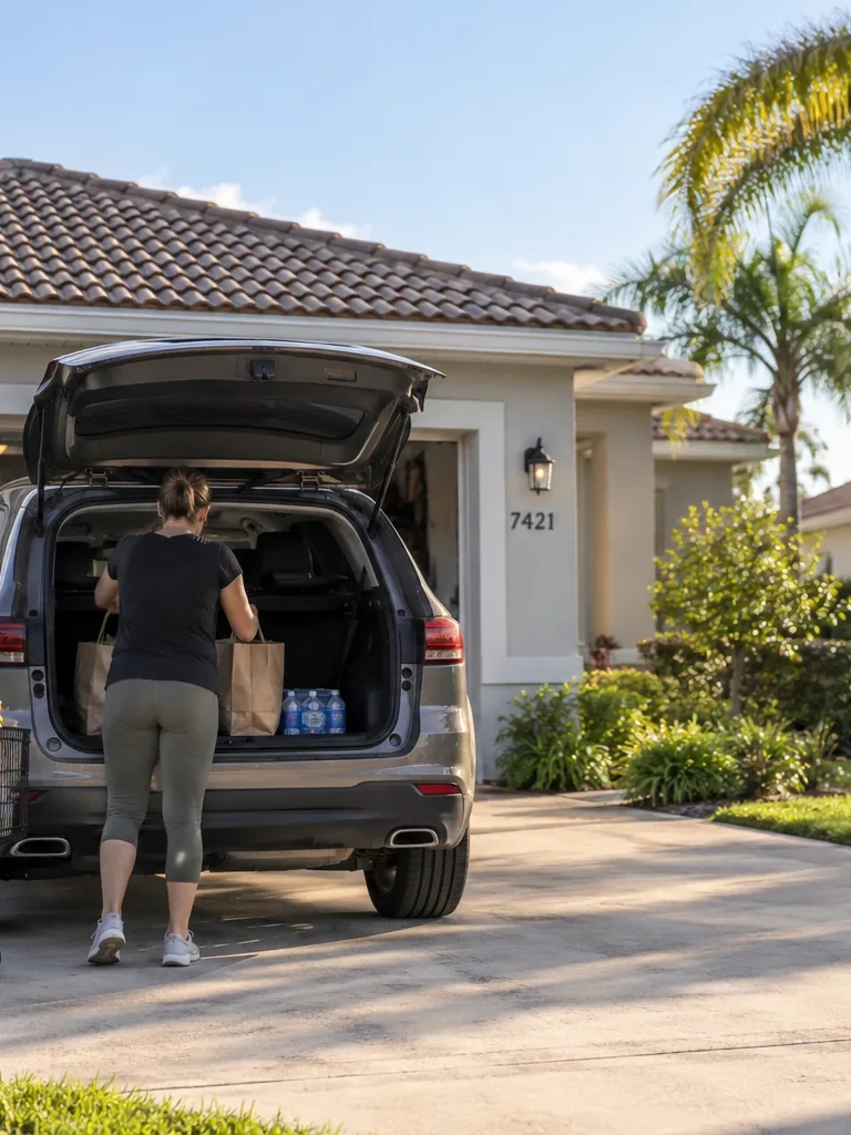 Loading shopping into a car on a suburban Florida driveway