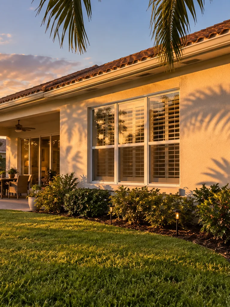 A Florida home lit by evening sun, seen from the garden