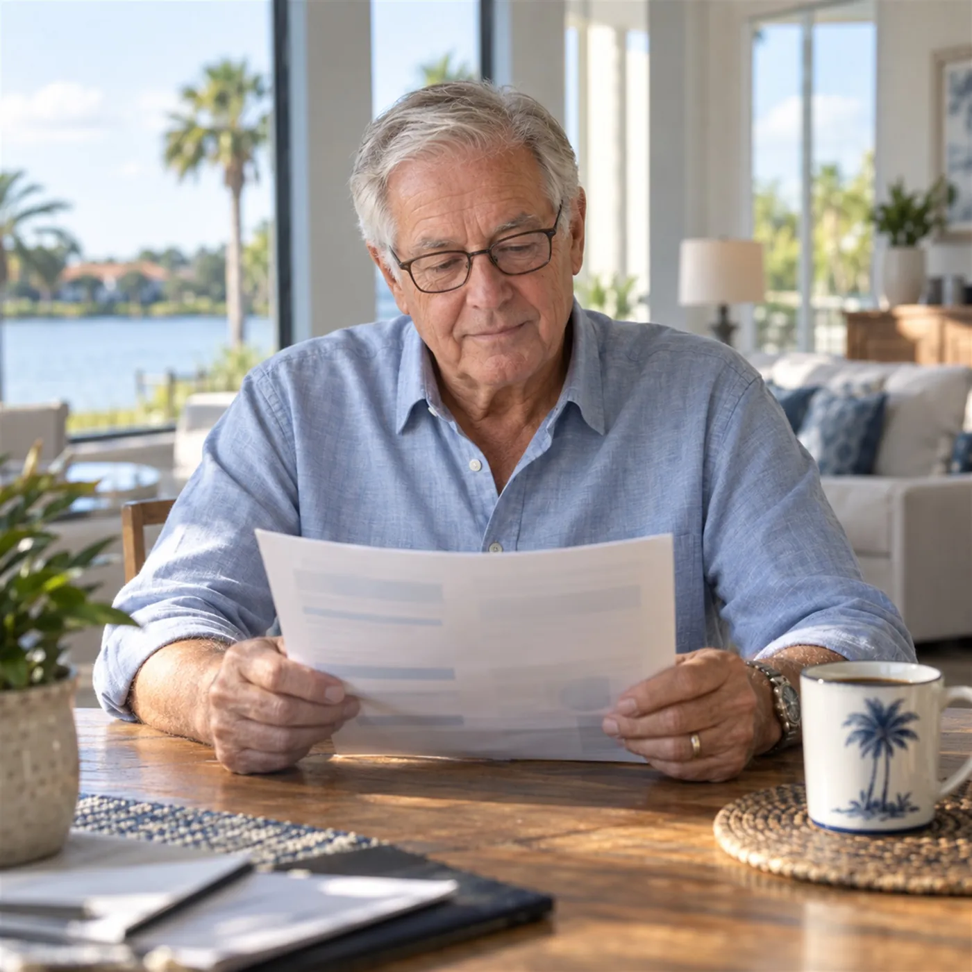 A man in his late sixties reading a printed retirement statement at a dining table, reading glasses on
