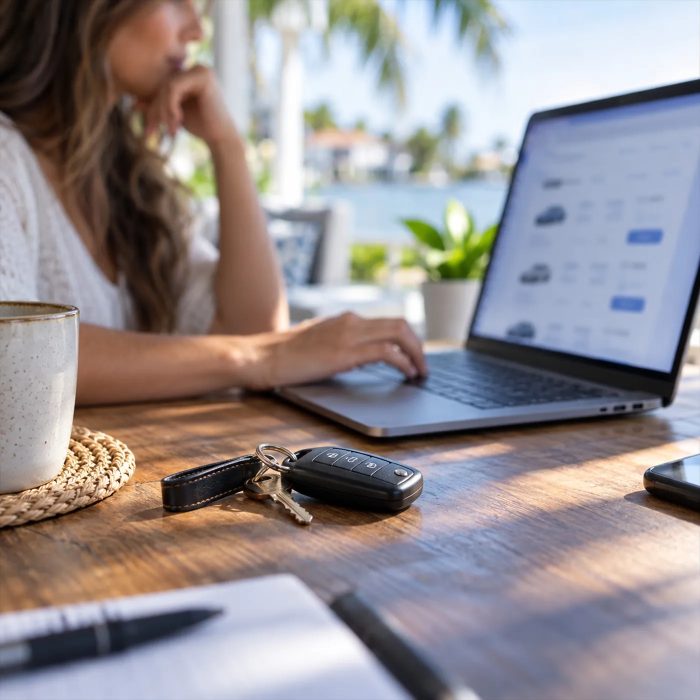 A person at a table comparing car insurance quotes on a laptop, car keys and a coffee cup beside it