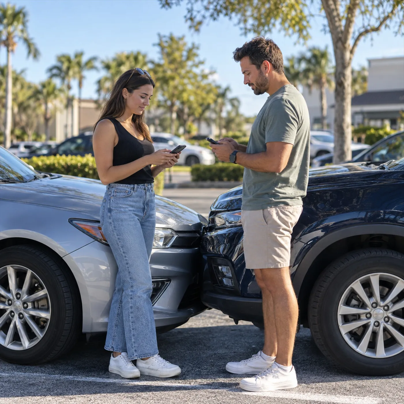 Two drivers calmly exchanging insurance details on their phones beside two cars after a minor bump in a suburban parking lot, daylight
