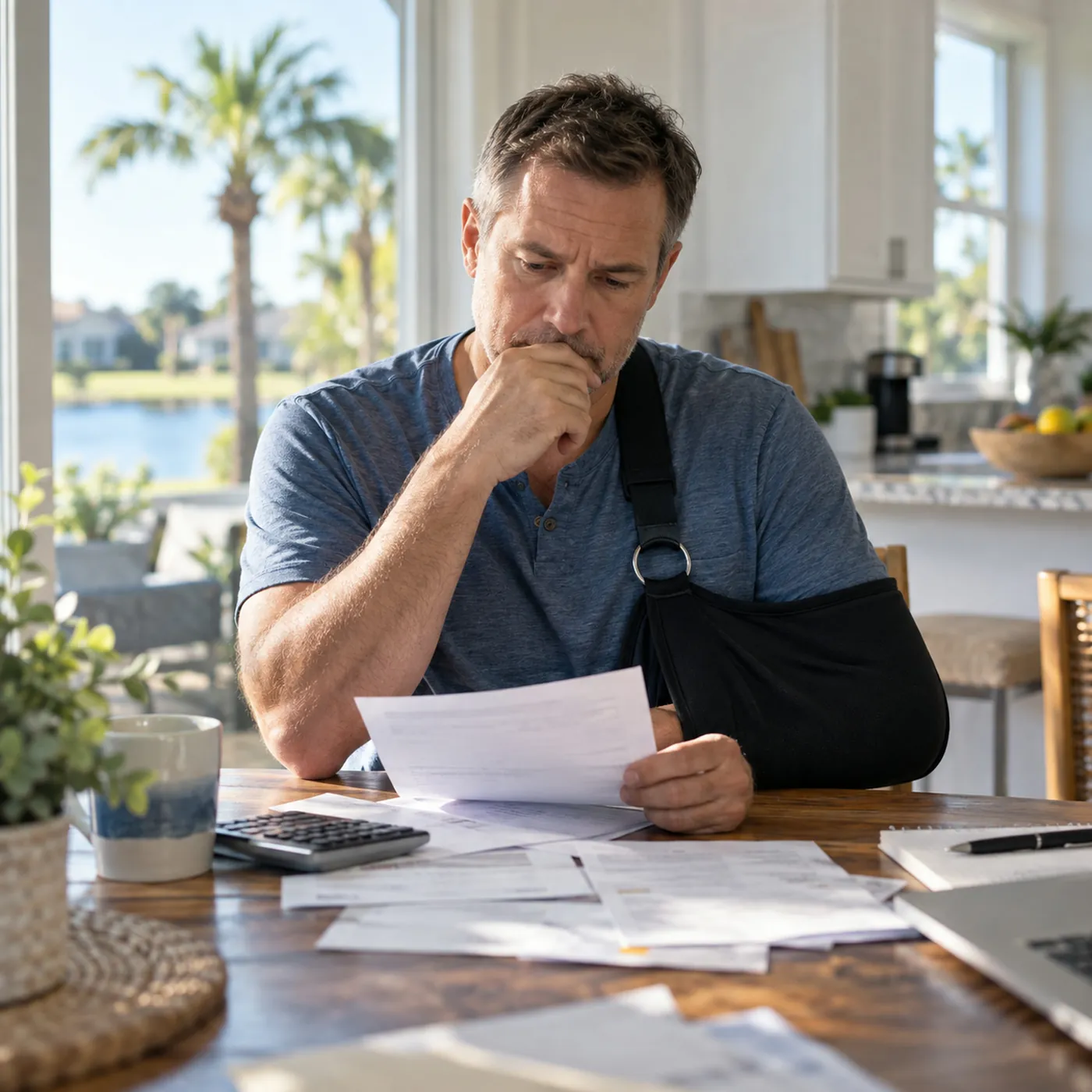 A man with his arm in a sling sitting at a kitchen table looking over household bills, thoughtful