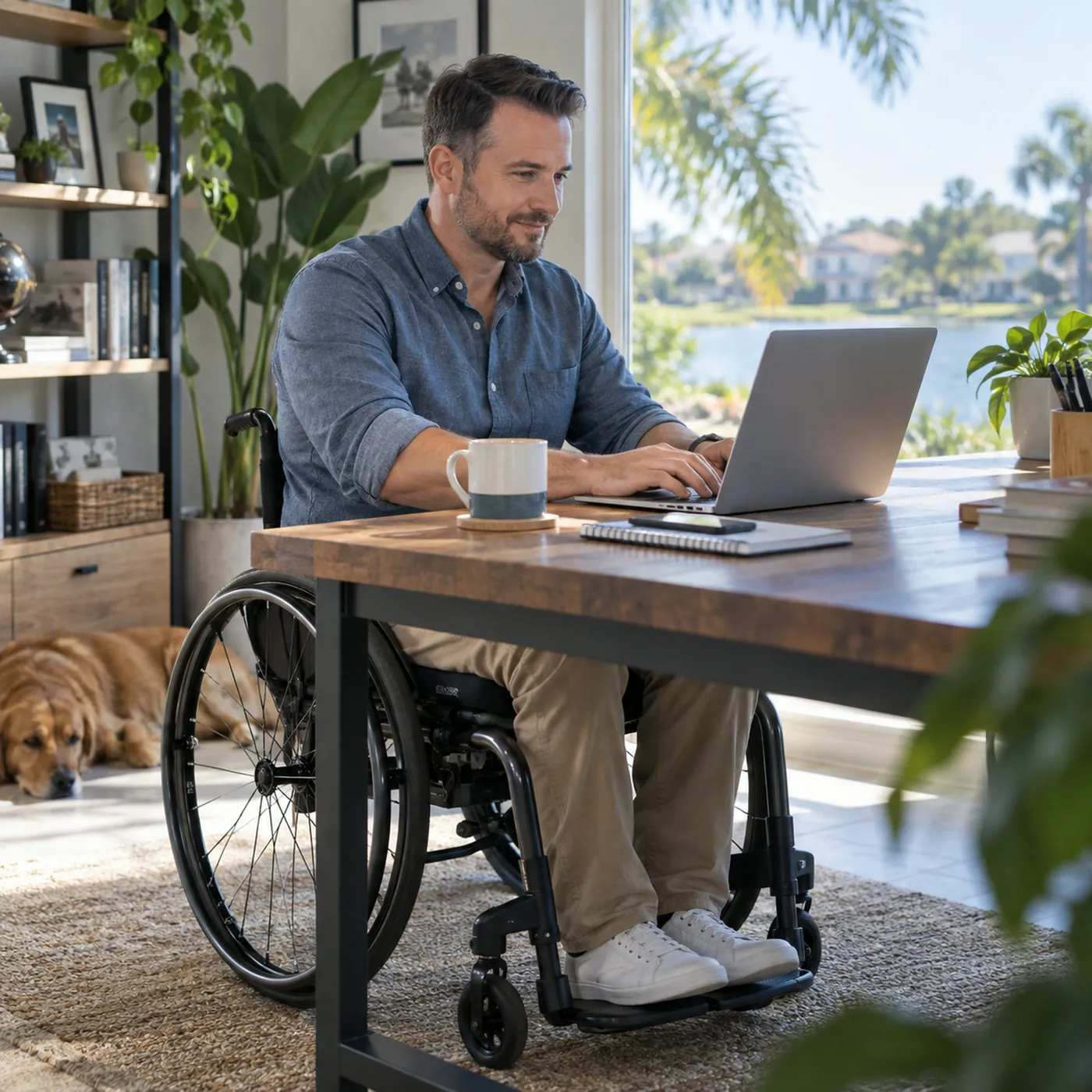 A person in a wheelchair working confidently at a laptop in a bright home office, plants and a window