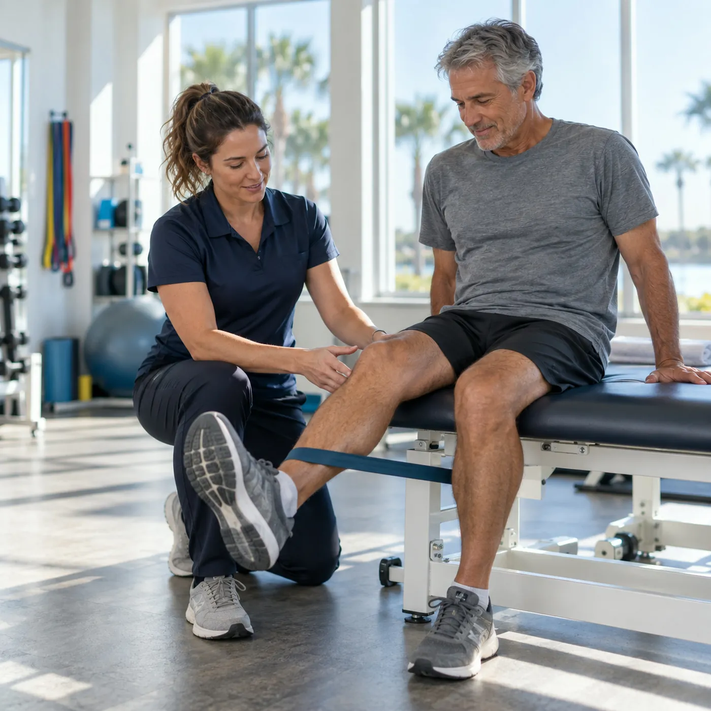 A physical therapist guiding a patient through a knee exercise in a bright clinic, encouraging and professional