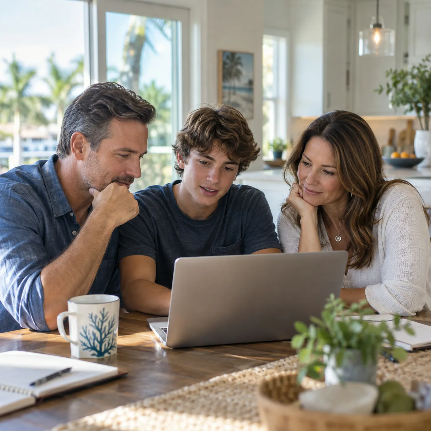 Parents and a teenage son sitting at a kitchen table looking at a laptop together, planning