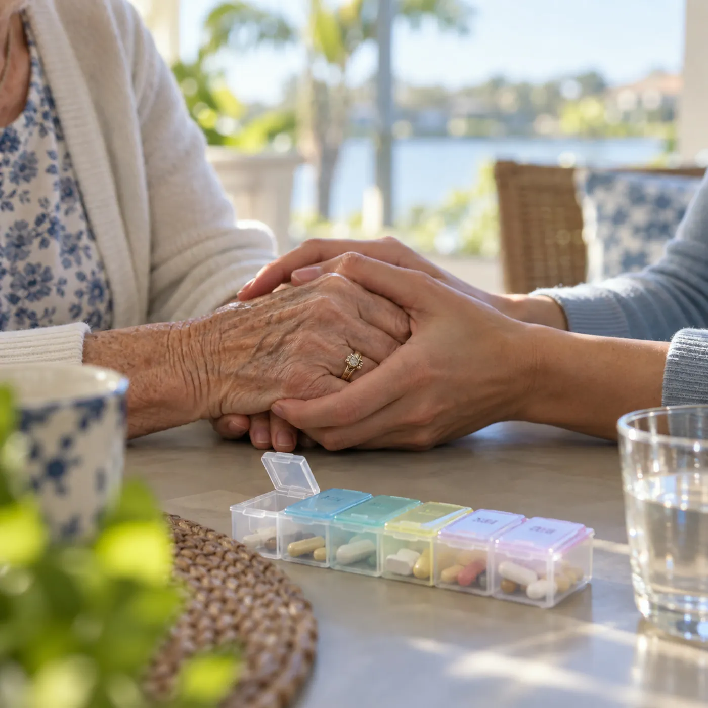 Close-up of a younger person's hands holding an elderly person's hands on a table beside a weekly pill organiser, soft light