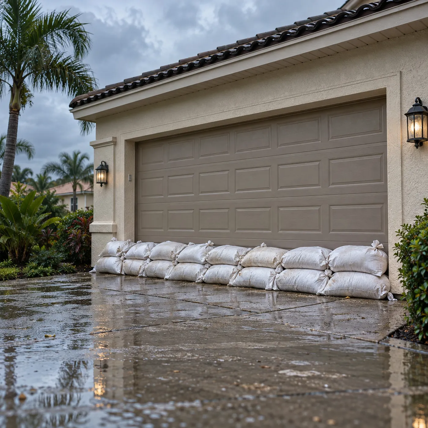 A row of sandbags stacked in front of a home's garage door on a wet driveway, grey sky