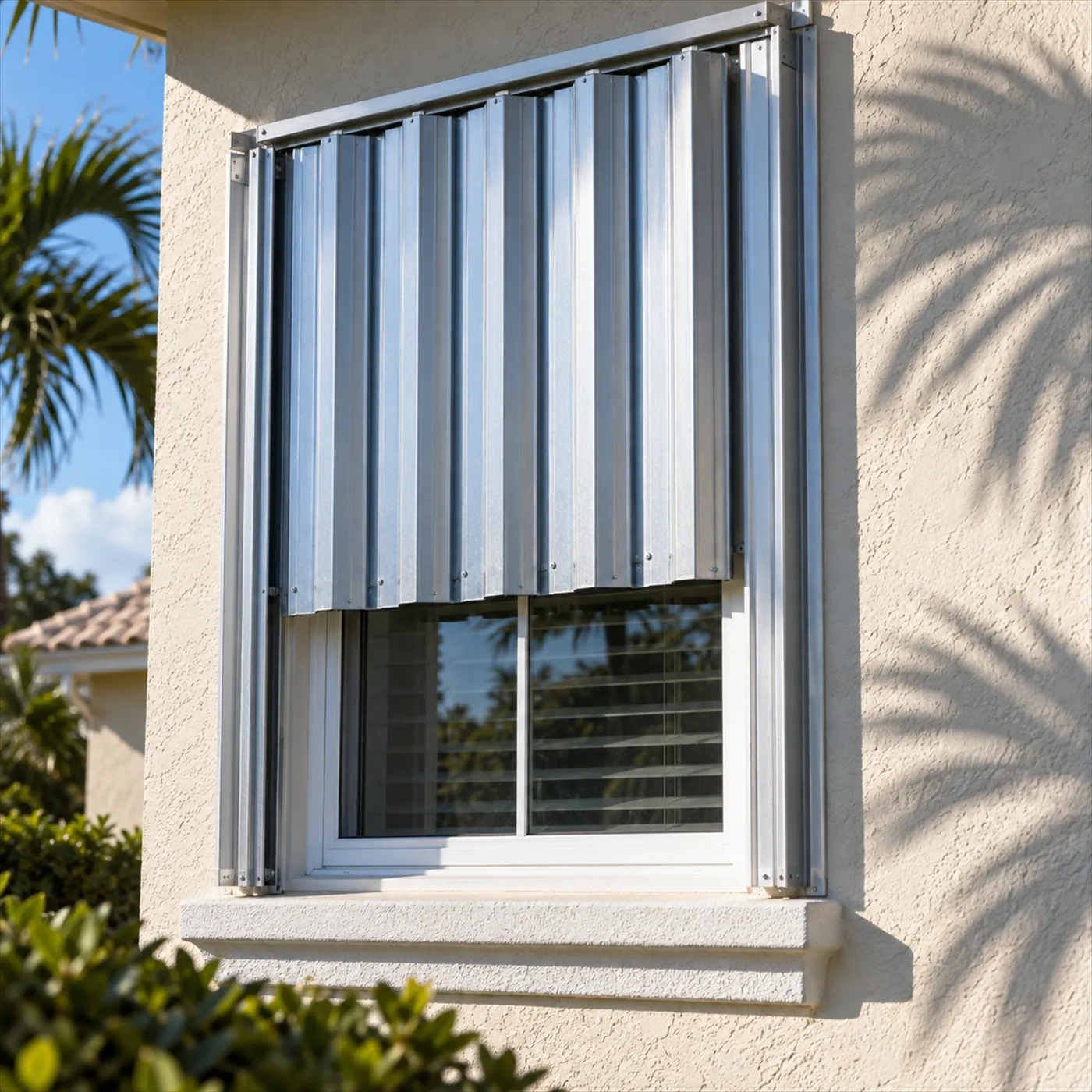 Close-up of aluminium hurricane shutters partly closed over the window of a Florida stucco home, strong side light