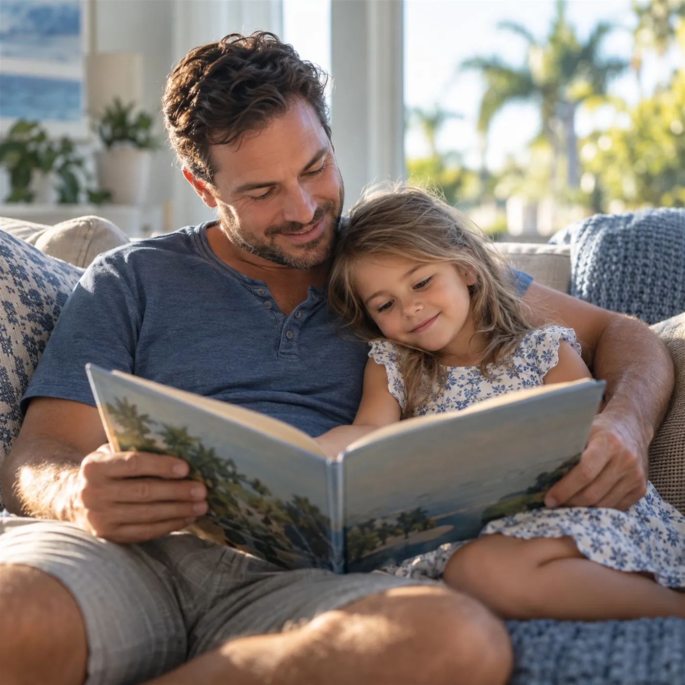A father reading a book with his young daughter on a sofa at home, warm window light