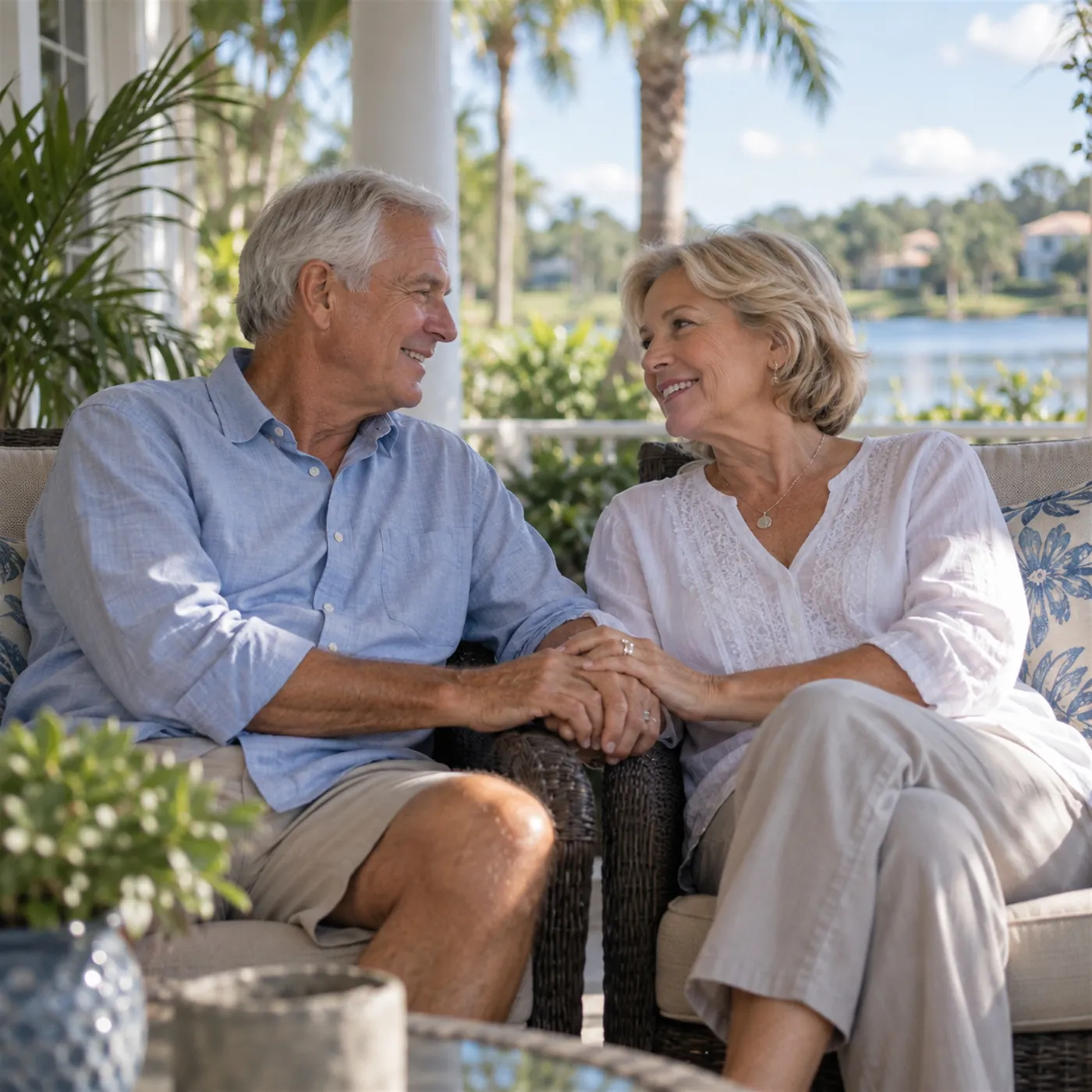 A senior couple sitting together on a shaded porch in Florida, holding hands and talking