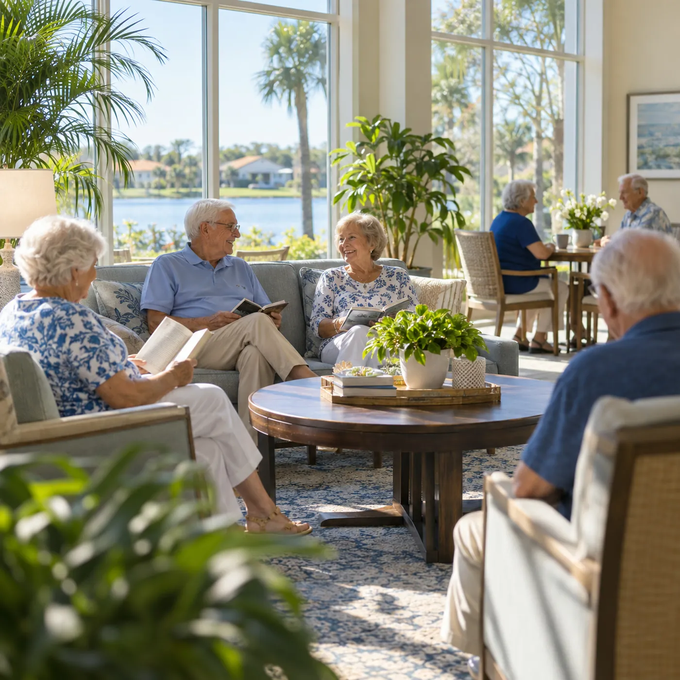 A bright common room in an assisted living community, residents reading and chatting