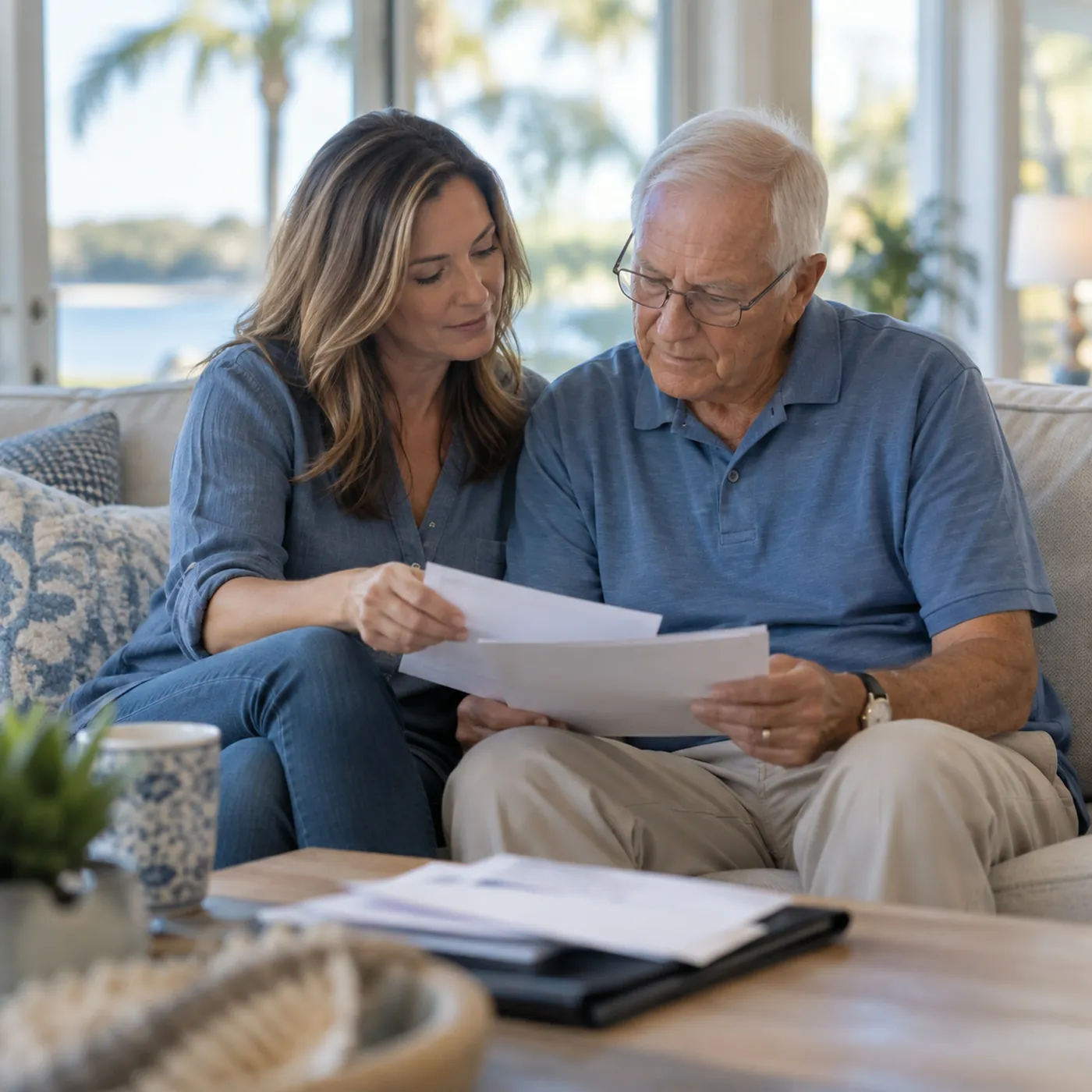 An adult daughter and her elderly father sitting on a sofa reviewing documents together, supportive