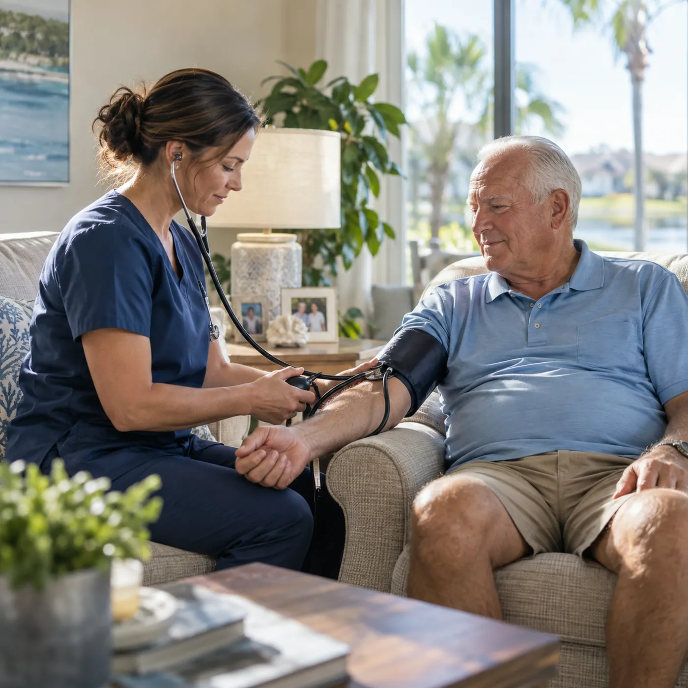 A home care nurse checking an older man's blood pressure in his living room, friendly and professional