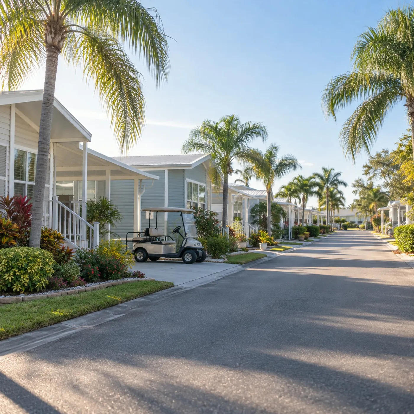 A calm street in a Florida manufactured home community, homes lined up with small gardens