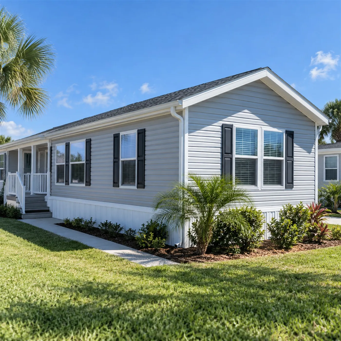 A newer manufactured home with a pitched shingle roof and fresh siding, photographed from the corner