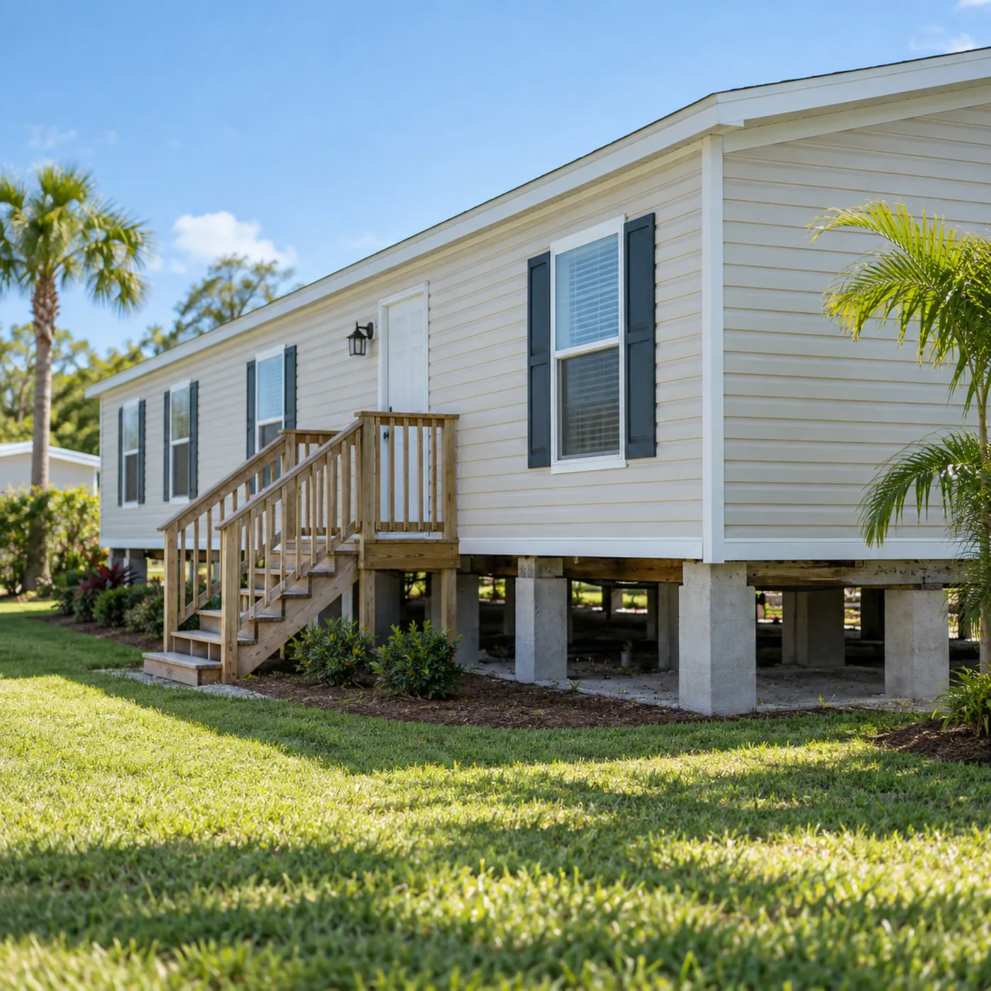 A manufactured home raised on concrete piers with wooden steps leading to the door, the space beneath clearly visible