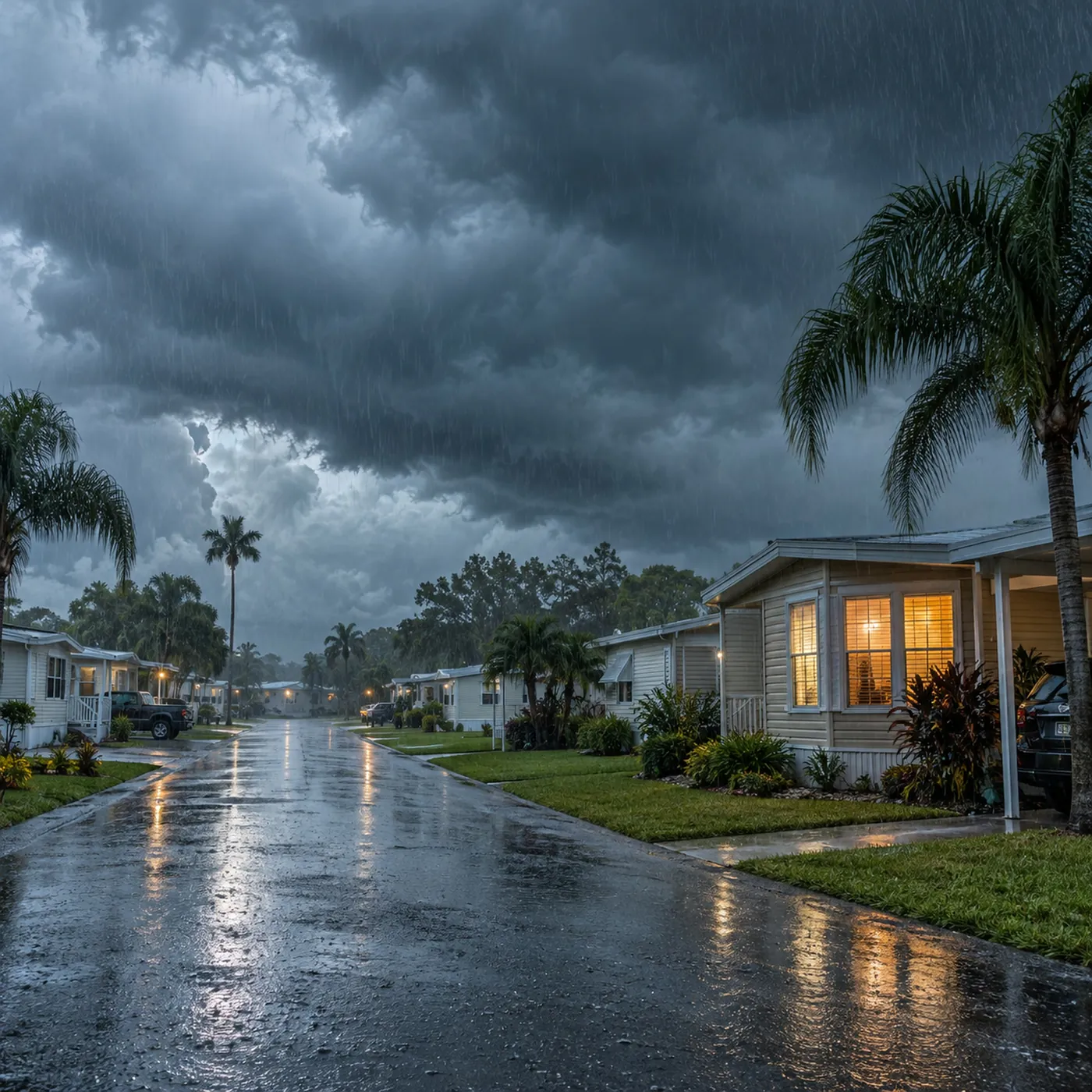 Dark storm clouds rolling over a quiet mobile home park, first heavy rain starting