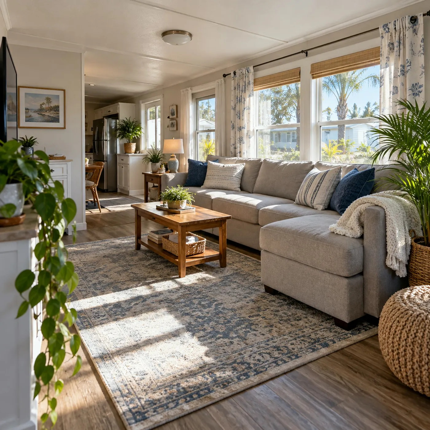 A bright, tidy living room inside a mobile home
