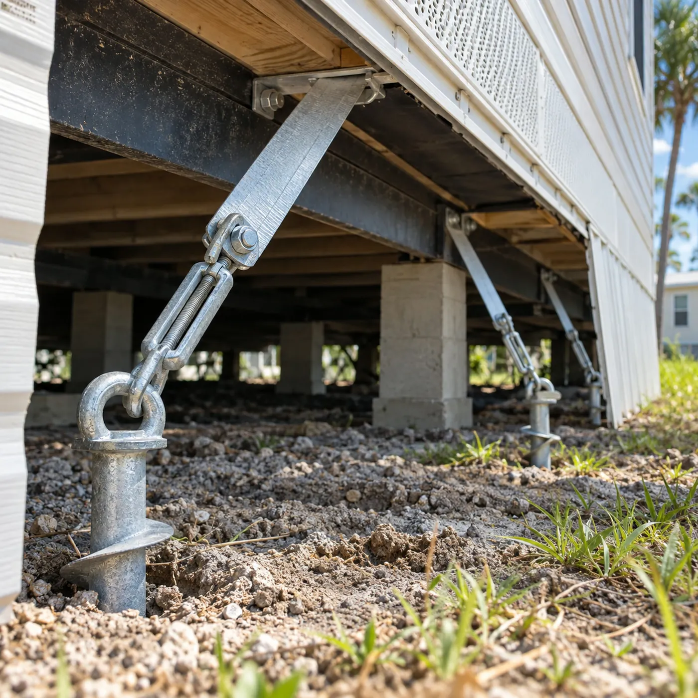 Close-up of metal tie-down straps and ground anchors beneath a mobile home, skirting partly removed