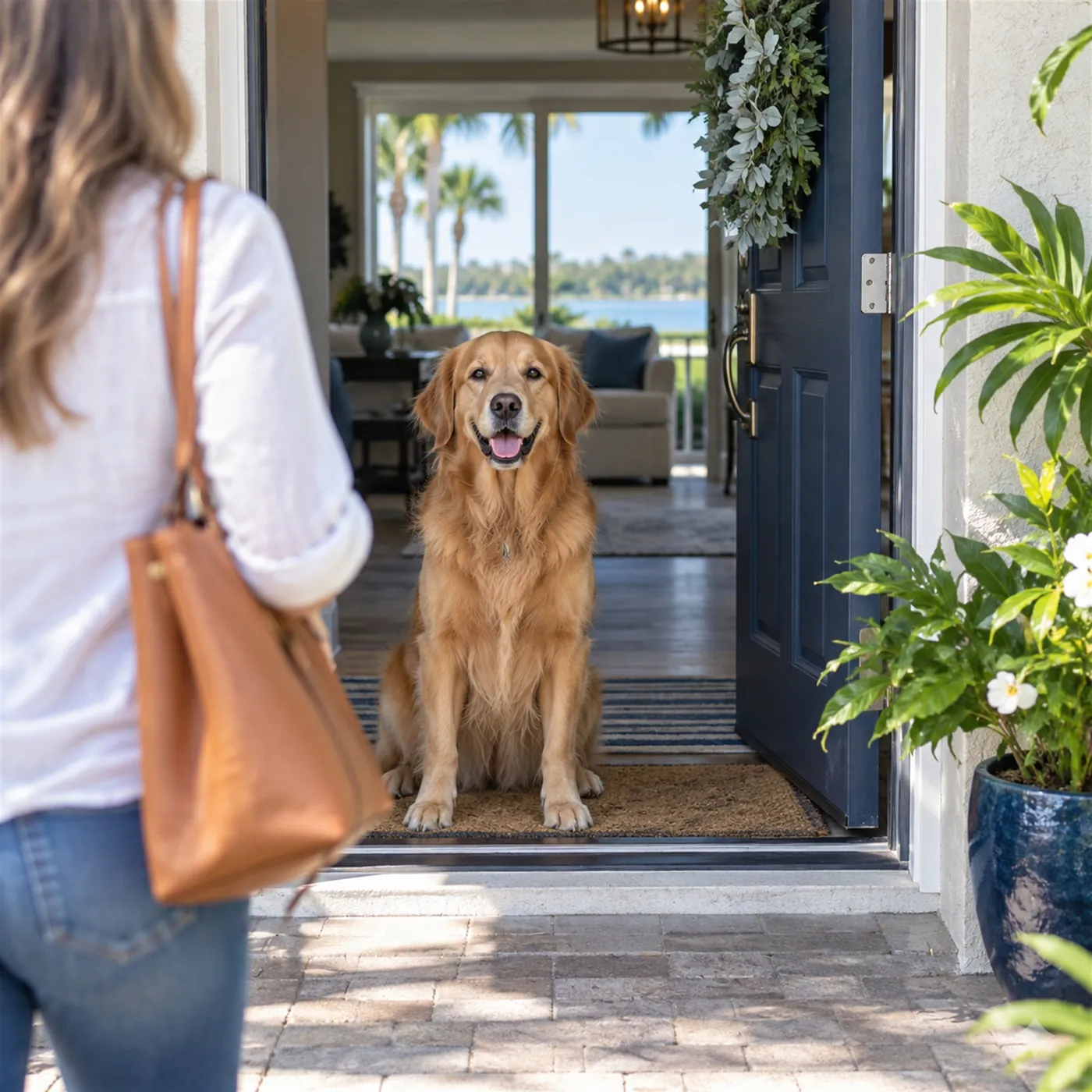 A friendly large dog sitting at the open front door of a Florida home as a visitor arrives, seen from outside