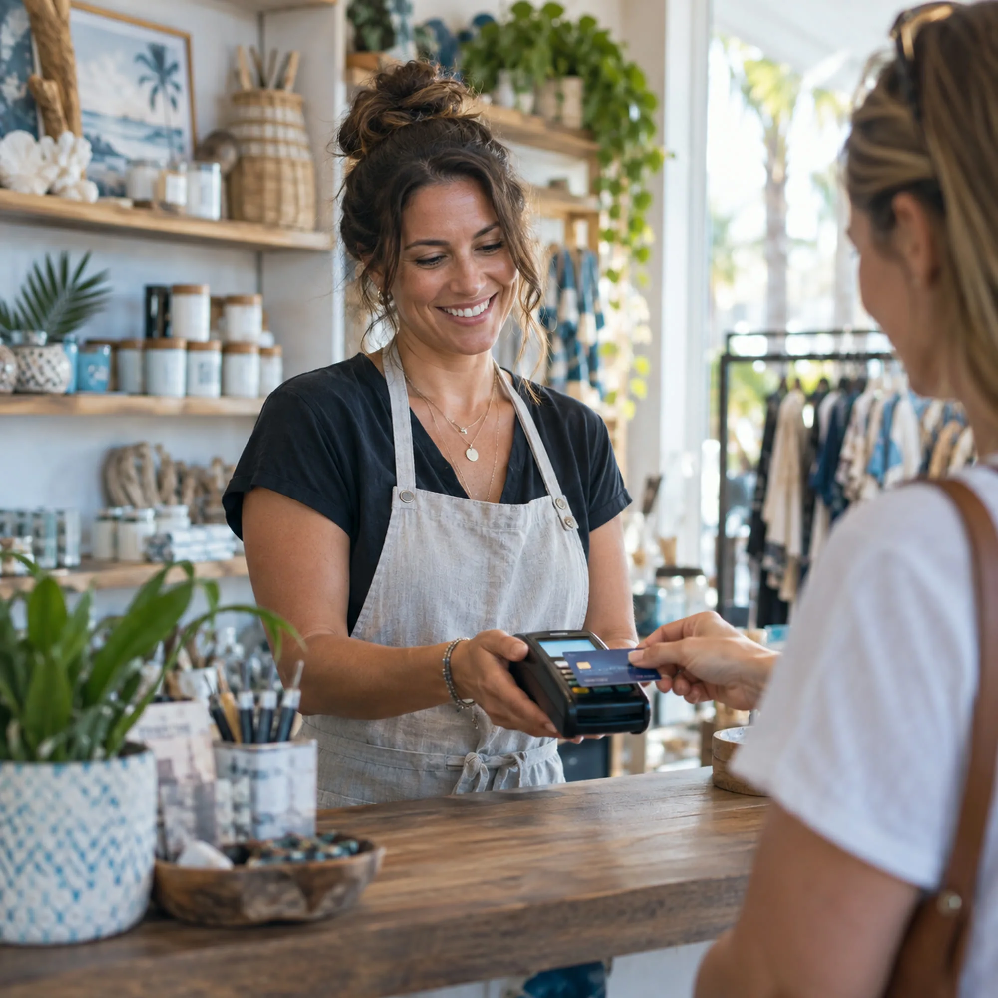 A small business owner serving a customer and taking a card payment at a service counter, stock on the shelves behind