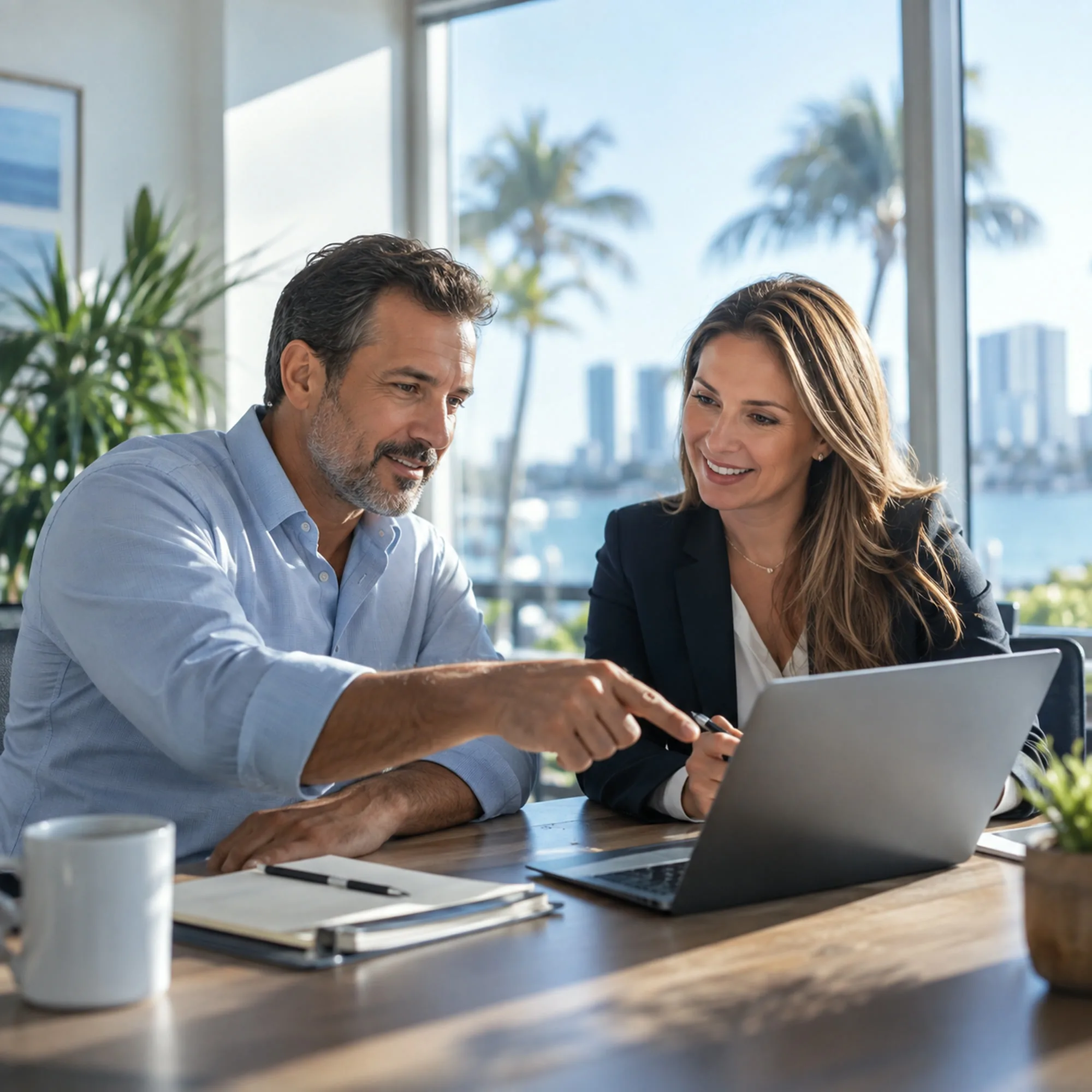 A business owner and an insurance agent sitting side by side looking at a laptop together, talking through cover