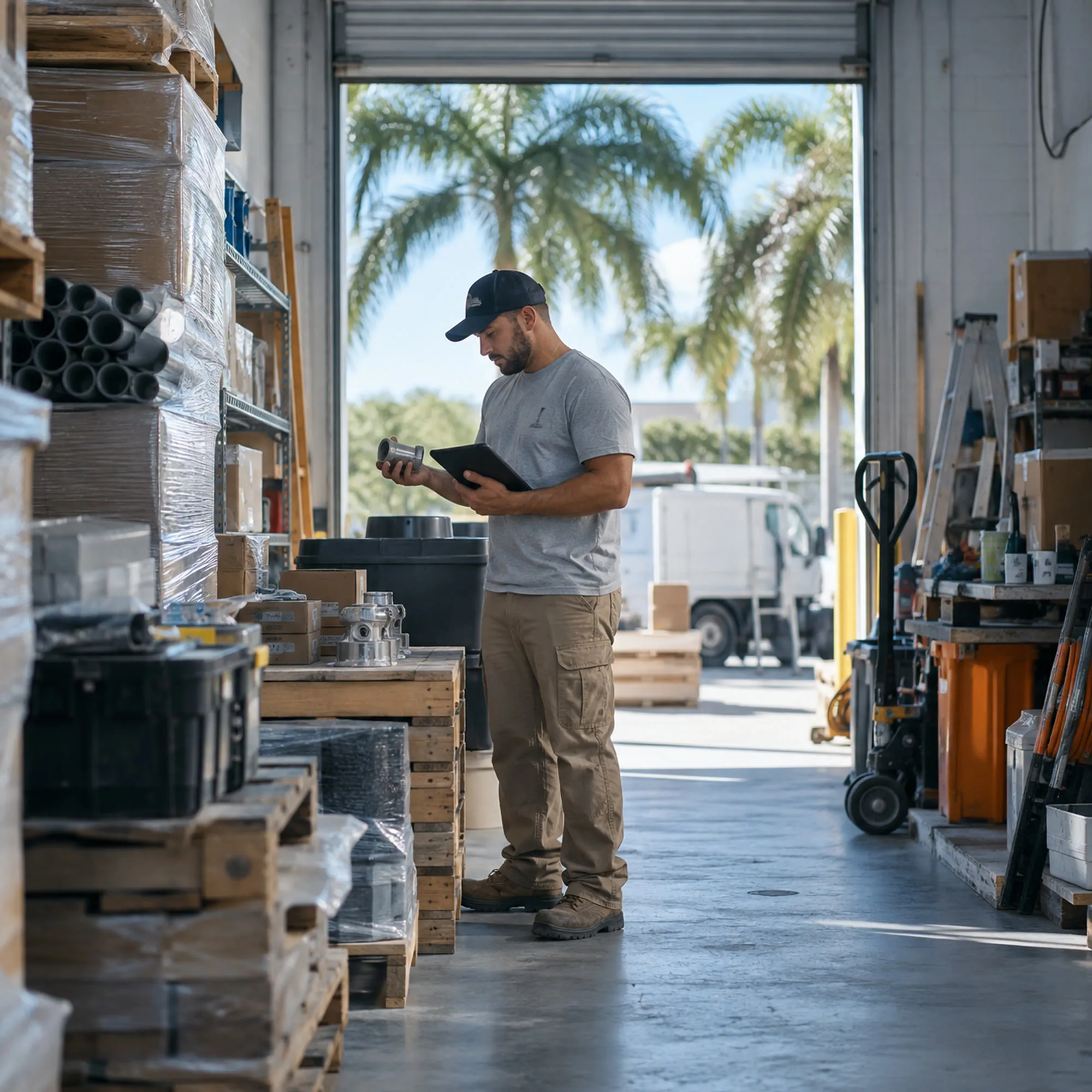 Pallets, tools and equipment stacked inside a small Florida warehouse unit