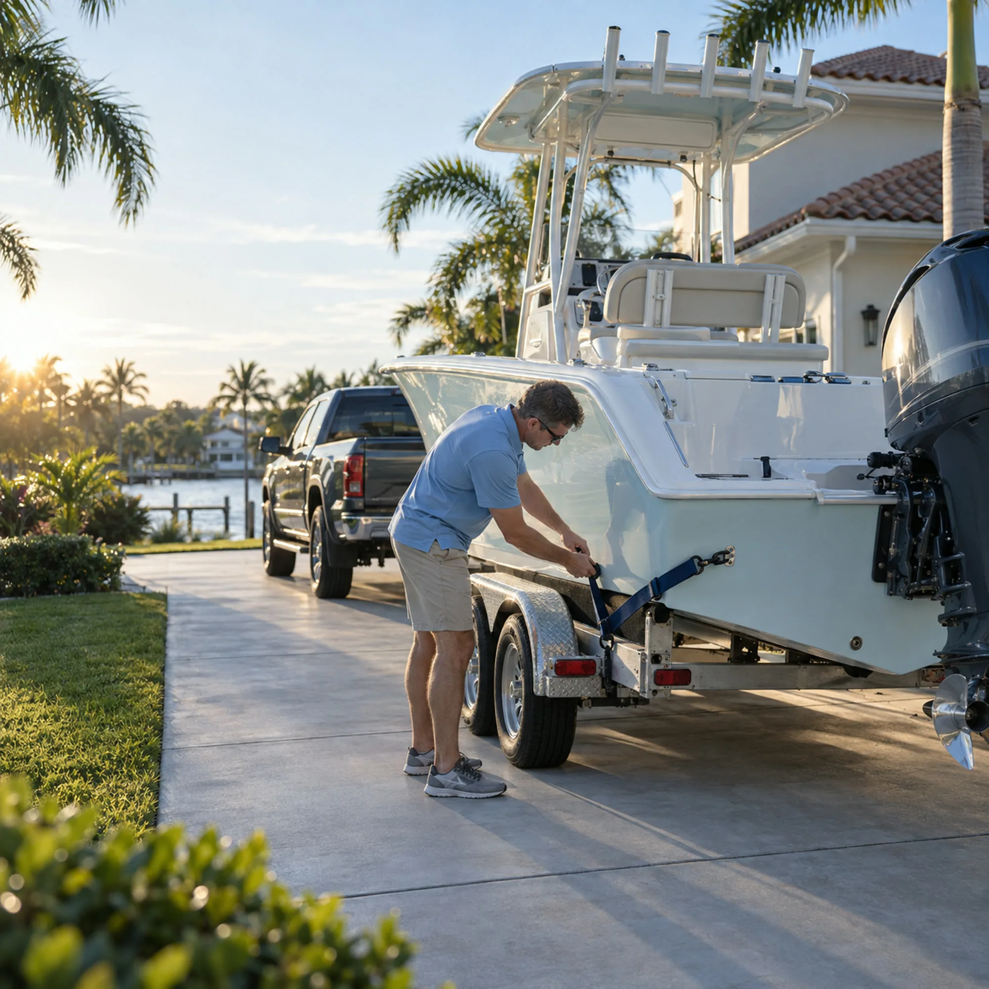 A centre console fishing boat on its trailer behind a pickup truck on a Florida driveway, the owner checking the trailer straps